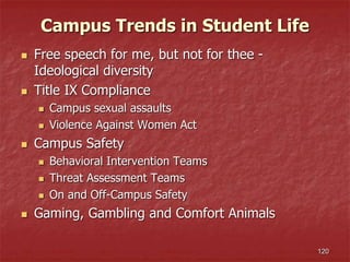 Campus Trends in Student Life
 Free speech for me, but not for thee -
Ideological diversity
 Title IX Compliance
 Campus sexual assaults
 Violence Against Women Act
 Campus Safety
 Behavioral Intervention Teams
 Threat Assessment Teams
 On and Off-Campus Safety
 Gaming, Gambling and Comfort Animals
120
 