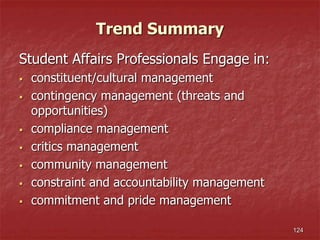 Trend Summary
Student Affairs Professionals Engage in:
 constituent/cultural management
 contingency management (threats and
opportunities)
 compliance management
 critics management
 community management
 constraint and accountability management
 commitment and pride management
124
 
