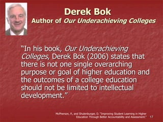 17
Derek Bok
Author of Our Underachieving Colleges
“In his book, Our Underachieving
Colleges, Derek Bok (2006) states that
there is not one single overarching
purpose or goal of higher education and
the outcomes of a college education
should not be limited to intellectual
development.”
McPherson, P., and Shulenburger, D. “Improving Student Learning in Higher
Education Through Better Accountability and Assessment.”
 