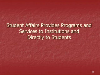 23
Student Affairs Provides Programs and
Services to Institutions and
Directly to Students
 