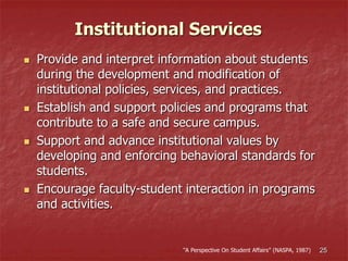 25
 Provide and interpret information about students
during the development and modification of
institutional policies, services, and practices.
 Establish and support policies and programs that
contribute to a safe and secure campus.
 Support and advance institutional values by
developing and enforcing behavioral standards for
students.
 Encourage faculty-student interaction in programs
and activities.
Institutional Services
“A Perspective On Student Affairs” (NASPA, 1987)
 