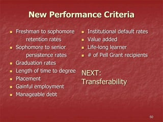 New Performance Criteria
 Freshman to sophomore
retention rates
 Sophomore to senior
persistence rates
 Graduation rates
 Length of time to degree
 Placement
 Gainful employment
 Manageable debt
 Institutional default rates
 Value added
 Life-long learner
 # of Pell Grant recipients
NEXT:
Transferability
50
 