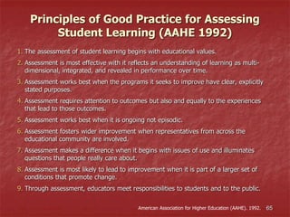 Principles of Good Practice for Assessing
Student Learning (AAHE 1992)
1. The assessment of student learning begins with educational values.
2. Assessment is most effective with it reflects an understanding of learning as multi-
dimensional, integrated, and revealed in performance over time.
3. Assessment works best when the programs it seeks to improve have clear, explicitly
stated purposes.
4. Assessment requires attention to outcomes but also and equally to the experiences
that lead to those outcomes.
5. Assessment works best when it is ongoing not episodic.
6. Assessment fosters wider improvement when representatives from across the
educational community are involved.
7. Assessment makes a difference when it begins with issues of use and illuminates
questions that people really care about.
8. Assessment is most likely to lead to improvement when it is part of a larger set of
conditions that promote change.
9. Through assessment, educators meet responsibilities to students and to the public.
American Association for Higher Education (AAHE). 1992. 65
 