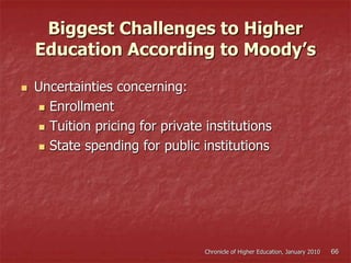 Biggest Challenges to Higher
Education According to Moody’s
Chronicle of Higher Education, January 2010 66
 Uncertainties concerning:
 Enrollment
 Tuition pricing for private institutions
 State spending for public institutions
 