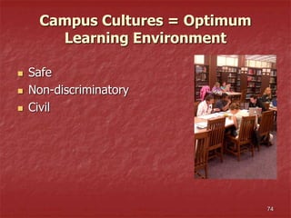 Campus Cultures = Optimum
Learning Environment
 Safe
 Non-discriminatory
 Civil
74
 