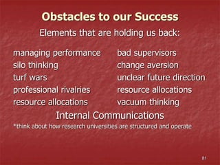 Obstacles to our Success
Elements that are holding us back:
managing performance bad supervisors
silo thinking change aversion
turf wars unclear future direction
professional rivalries resource allocations
resource allocations vacuum thinking
Internal Communications
*think about how research universities are structured and operate
81
 