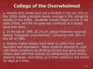 94
College of the Overwhelmed
 Anxiety that would have put a student in the top 16% in
the 1950s made a student merely average in the ratings for
anxiety in the 1990s. Students’ anxiety began to rise in the
early 1950s, and the increase has continued at a steady
pace ever since.
 In the fall of 1999, 30.2% of college freshmen reported
feeling “frequently overwhelmed,” compared with 26% in
the fall of 1985.
 Anxiety makes people more likely to suffer from panic
disorders and depression. Many students attempt to cope
with those conditions by drinking alcohol and using drugs.
Others deal with their anxiety by withdrawing from others,
skipping classes, and holing up in their residence hall rooms
for days at a time.
 