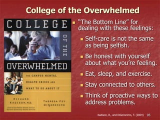 95
College of the Overwhelmed
 “The Bottom Line” for
dealing with these feelings:
 Self-care is not the same
as being selfish.
 Be honest with yourself
about what you’re feeling.
 Eat, sleep, and exercise.
 Stay connected to others.
 Think of proactive ways to
address problems.
Kadison, R., and DiGeronimo, T. (2004)
 