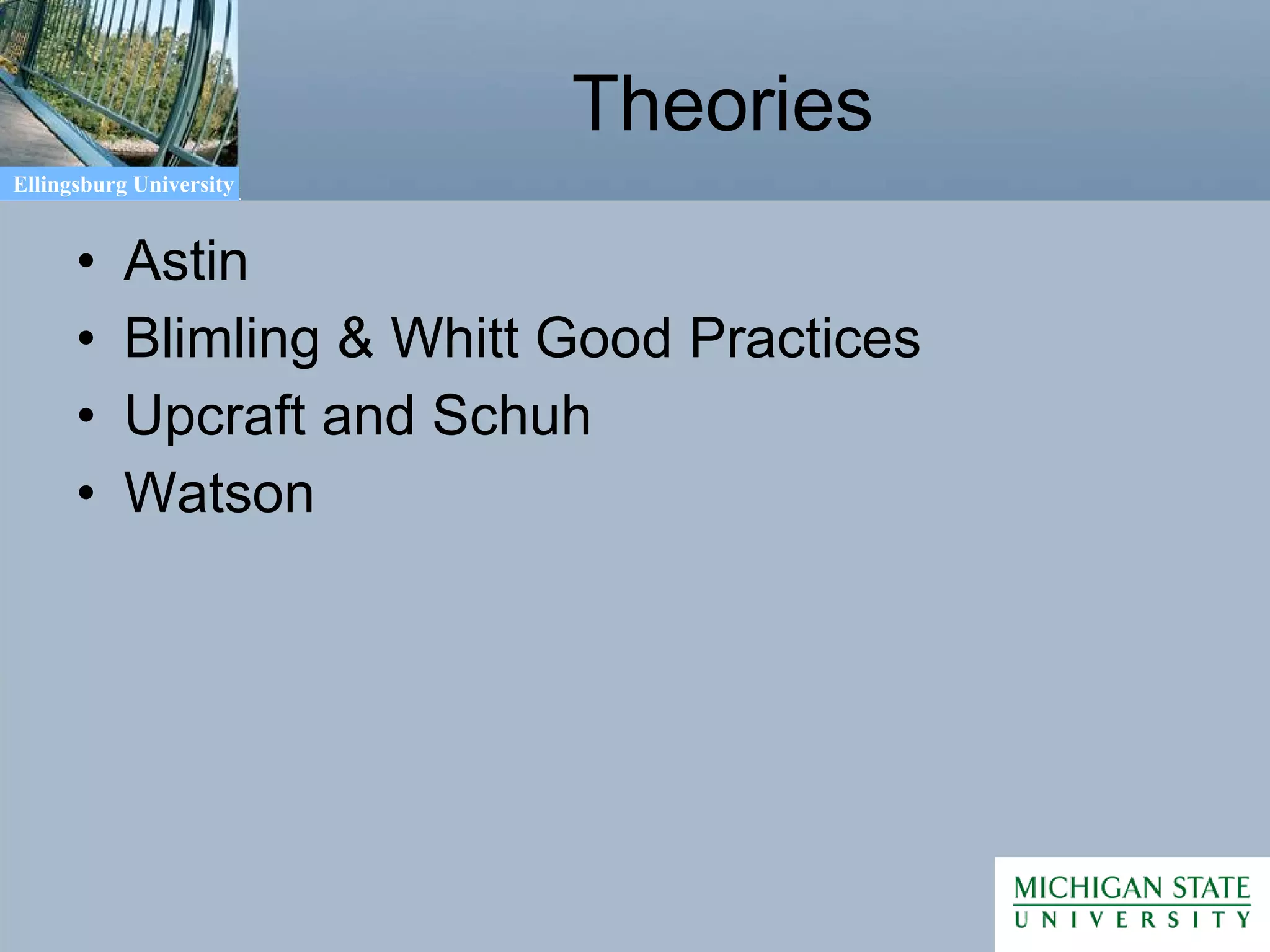Theories Astin Blimling & Whitt Good Practices Upcraft and Schuh Watson 
