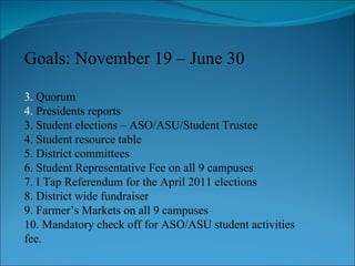 Goals: November 19 – June 30 Quorum Presidents reports 3. Student elections – ASO/ASU/Student Trustee 4. Student resource table 5. District committees 6. Student Representative Fee on all 9 campuses 7. I Tap Referendum for the April 2011 elections 8. District wide fundraiser 9. Farmer’s Markets on all 9 campuses 10. Mandatory check off for ASO/ASU student activities fee.  
