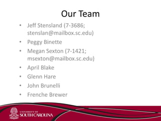 Our Team
• Jeff Stensland (7-3686;
stenslan@mailbox.sc.edu)
• Peggy Binette
• Megan Sexton (7-1421;
msexton@mailbox.sc.edu)
• April Blake
• Glenn Hare
• John Brunelli
• Frenche Brewer
 