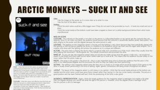 ARCTIC MONKEYS – SUCK IT AND SEE
Likes:
- I like the image on the poster as it is more clear as to what it is now
- I like the font of the album name
Dislikes:
- I think the artist name could be a little bigger even if they do not want to be promoted as much – it looks too small and out of
place
- I think the social media at the bottom could have been cropped so there isn’t a white background behind them which looks
unprofessional
MISE-EN-SCENE
COSTUME : The costume on the poster is not clear as the person is a silhouette/shadow so we cannot see the costume they are
wearing. Since it is an indie rock band, the audience would assume that the costume is casual/indie (leather jacket, black jeans). This
adds enigma to the poster and the digipak because the same picture is used.
LIGHTING : The lighting on this magazine advert is low key and the lighting is very clever because they have specifically played with
the lighting so that the person playing the drums is a shadow so the audience cannot see them and this again adds enigma. This is
creative shot done with the lighting and entices the audience as it is unique and different.
ACTORS : The actor here is playing the drums which is a typical indie rock convention as in their music videos they usually show the
artist playing the instrument – drums/guitar etc. This follows conventions and promotes the artist.
MAKE UP : As you can see, the magazine advert does not include any make up but since the genre is indie rock – we would not
expect to see bright and bold make up but rather subtle make up or none at all. This means that the audience focuses solely on the
music rather than the artists make up.
PROPS : The props in this poster is the drum kit – this is a very important prop since it shows the audience that the actor is the
artist in this video/poster/digipak and this promotes the artist as they can clearly see them performing.
SETTING : The setting in this magazine advert looks like they are in a studio or on stage which would be typical of the genre as the
artist is usually shown performing in this kind of setting. Again, generic conventions are being shown throughout this advert.
LAYOUT : The layout of this magazine advert is a bit messy in my opinion. I think that the social media pictures at the bottom are
needed and the artist name could have gone there instead rather than having it in the top corner barely noticeable. The picture is
good position and has been framed well and I think the positioning of the fonts is also good.
AUDIENCE / REPRESENTATION : Again, I think the target audience for this magazine advert is teenagers but maybe a bit older
than the digipak because you cannot tell what the age of this person is. However, since the digipak shows a teenager which
that this picture is still of a teenager.
FONT : I think the fonts for this advert are good and look
professional and these fonts have also been used on the
digipak which shows good continuity and consideration. I think
the artist name could be in a bigger font to promote the artist
more as it is hidden away and not as noticeable at a first
glance. The fonts match the genre but I think if the artist name
was bigger and the album name was smaller it would look
more professional.
COLOURS : I think the colours are effective since the fonts are
white and are put on a black background which makes them
stand out more since they are bold. This is a generic
convention of indie rock magazine adverts – they usually put
white text on black backgrounds. I think the blue and black go
well together on the poster
 