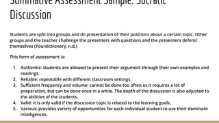 Summative Assessment Sample: Socratic
Discussion
Students are split into groups and do presentation of their positions about a certain topic. Other
groups and the teacher challenge the presenters with questions and the presenters defend
themselves (Yourdictionary, n.d.)
This form of assessment is:
1. Authentic: students are allowed to present their argument through their own examples and
readings.
2. Reliable: repeatable with different classroom settings.
3. Sufficient frequency and volume: cannot be done too often as it requires a lot of
preparation, but can be done once in a while. The depth of the discussion is also adjusted to
the abilities of the students.
4. Valid: it is only valid if the discussion topic is related to the learning goals.
5. Various: provides variety of opportunities for each individual student to use their dominant
intelligences.
 