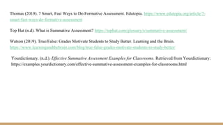 Thomas (2019). 7 Smart, Fast Ways to Do Formative Assessment. Edutopia. https://www.edutopia.org/article/7-
smart-fast-ways-do-formative-assessment
Top Hat (n.d). What is Summative Assessment? https://tophat.com/glossary/s/summative-assessment/
Watson (2019). True/False: Grades Motivate Students to Study Better. Learning and the Brain.
https://www.learningandthebrain.com/blog/true-false-grades-motivate-students-to-study-better/
Yourdictionary. (n.d.). Effective Summative Assessment Examples for Classrooms. Retrieved from Yourdictionary:
https://examples.yourdictionary.com/effective-summative-assessment-examples-for-classrooms.html
 