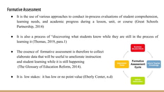 Formative Assessment
● It is the use of various approaches to conduct in-process evaluations of student comprehension,
learning needs, and academic progress during a lesson, unit, or course (Great Schools
Partnership, 2014)
● It is also a process of “discovering what students know while they are still in the process of
learning it (Thomas, 2019, para.1)
● The essence of formative assessment is therefore to collect
elaborate data that will be useful to ameliorate instruction
and student learning while it is still happening
(The Glossary of Education Reform, 2014).
● It is low stakes: it has low or no point value (Eberly Center, n.d)
 