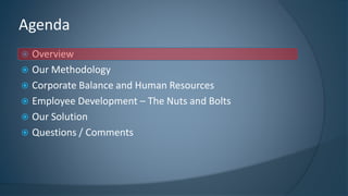 Overview 
Our Methodology 
Corporate Balance and Human Resources 
Employee Development –The Nuts and Bolts 
Our Solution 
Questions / Comments 
Agenda  