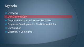 Overview 
Our Methodology 
Corporate Balance and Human Resources 
Employee Development –The Nuts and Bolts 
Our Solution 
Questions / Comments 
Agenda  