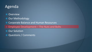Overview 
Our Methodology 
Corporate Balance and Human Resources 
Employee Development –The Nuts and Bolts 
Our Solution 
Questions / Comments 
Agenda  