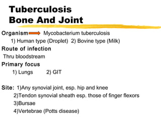 Tuberculosis
Bone And Joint
Organism Mycobacterium tuberculosis
1) Human type (Droplet) 2) Bovine type (Milk)
Route of infection
Thru bloodstream
Primary focus
1) Lungs 2) GIT
Site: 1)Any synovial joint, esp. hip and knee
2)Tendon synovial sheath esp. those of finger flexors
3)Bursae
4)Vertebrae (Potts disease)
 