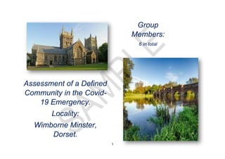 1
Assessment of a Defined
Community in the Covid-
19 Emergency.
Locality:
Wimborne Minster,
Dorset.
Group
Members:
6 in total
 