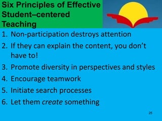 1. Non-participation destroys attention
2. If they can explain the content, you don’t
have to!
3. Promote diversity in perspectives and styles
4. Encourage teamwork
5. Initiate search processes
6. Let them create something
Six Principles of Effective
Student–centered
Teaching
25
 