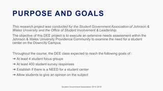 PURPOSE AND GOALS
This research project was conducted for the Student Government Association of Johnson &
Wales University and the Office of Student Involvement & Leadership.
The objective of this DEE project is to execute an extensive needs assessment within the
Johnson & Wales University Providence Community to examine the need for a student
center on the Downcity Campus.
Throughout the course, the DEE class expected to reach the following goals of :
➔ At least 4 student focus groups
➔ At least 400 student survey responses
➔ Establish if there is a NEED for a student center
➔ Allow students to give an opinion on the subject
Student Government Association 2015-2016
 