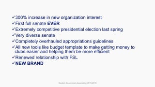 300% increase in new organization interest
First full senate EVER
Extremely competitive presidential election last spring
Very diverse senate
Completely overhauled appropriations guidelines
All new tools like budget template to make getting money to
clubs easier and helping them be more efficient
Renewed relationship with FSL
NEW BRAND
Student Government Association 2015-2016
 