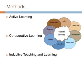 Methods.. 
 Active Learning 
 Co-operative Learning 
 Inductive Teaching and Learning 
 