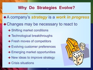 1-7
Why Do Strategies Evolve?
A company’s strategy is a work in progress
Changes may be necessary to react to
 Shifting market conditions
 Technological breakthroughs
 Fresh moves of competitors
 Evolving customer preferences
 Emerging market opportunities
 New ideas to improve strategy
 Crisis situations
 
