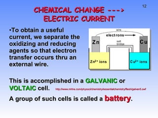 To obtain a useful current, we separate the oxidizing and reducing agents so that electron transfer occurs thru an external wire.  CHEMICAL CHANGE ---> ELECTRIC CURRENT This is accomplished in a  GALVANIC  or  VOLTAIC  cell. A group of such cells is called a  battery . http://www.mhhe.com/physsci/chemistry/essentialchemistry/flash/galvan5.swf 
