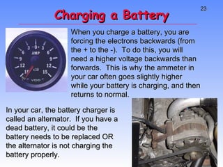 Charging a Battery When you charge a battery, you are forcing the electrons backwards (from the + to the -).  To do this, you will need a higher voltage backwards than forwards.  This is why the ammeter in your car often goes slightly higher while your battery is charging, and then returns to normal. In your car, the battery charger is called an alternator.  If you have a dead battery, it could be the battery needs to be replaced OR the alternator is not charging the battery properly. 