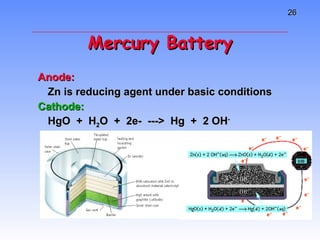 Mercury Battery Anode: Zn is reducing agent under basic conditions Cathode: HgO  +  H 2 O  +  2e-  --->  Hg  +  2 OH - 