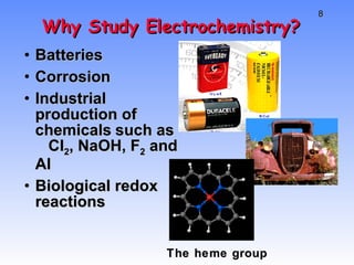 Why Study Electrochemistry? Batteries Corrosion Industrial production of chemicals   such as  Cl 2 , NaOH, F 2  and Al Biological redox reactions The heme group 