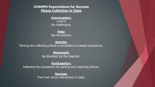 CHAMPS Expectations for Success
Phone Collection in Class
Conversation:
Level 0
No challenging.
Help:
Ask the teacher.
Activity:
Parking and collecting phone in accordance to stated procedures.
Movement:
As directed by the teacher.
Participation:
Following the procedures for parking and collecting phones.
Success:
Free from phone distractions in class.
 