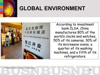 GLOBAL ENVIRONMENT According to investment bank CLSA, China manufactures 80% of the world’s clocks and watches, 50% of its cameras, 30% of its microwave ovens, a quarter of its washing machines, and a fifth of its refrigerators. 