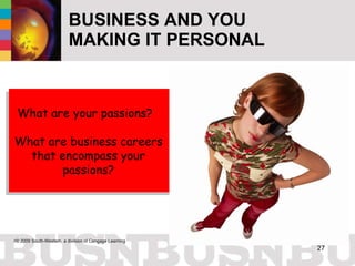 BUSINESS AND YOU MAKING IT PERSONAL What are your passions?  What are business careers that encompass your passions? 