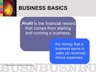 Profit  is the financial reward that comes from starting and running a business.  BUSINESS BASICS the money that a business earns in sales (or revenue), minus expenses  