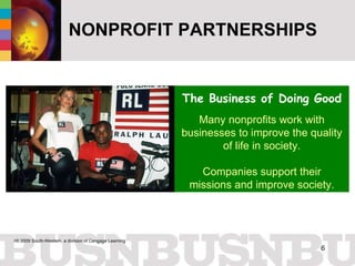 NONPROFIT PARTNERSHIPS Many nonprofits work with businesses to improve the quality of life in society. Companies support their missions and improve society. The Business of Doing Good 