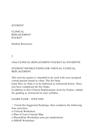 STUDENT
CLINICAL
REPLACEMENT
PACKET
Student Resources
2
vSim CLINICAL REPLACEMENT PACKET for STUDENTS
STUDENT INSTRUCTIONS FOR VIRTUAL CLINICAL
REPLACEMENT
This activity packet is intended to be used with your assigned
virtual patient found in vSim. The Six Step
learn flow in vSim is to be followed as instructed below. Once
you have completed the Six Steps,
in additon to this Clinical Replacement Activity Packet, submit
for grading as instructed in your syllabus.
LEARN FLOW - STEP ONE
four activities:
o Clinical Worksheet
o Plan of Care Concept Map
o Pharm4Fun Worksheet (one per medication)
o ISBAR Worksheet
 