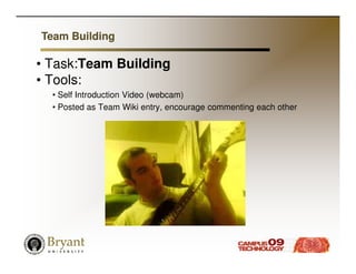 Team Building

• Task:Team Building
• Tools:
  • Self Introduction Video (webcam)
  • Posted as Team Wiki entry, encourage commenting each other
 