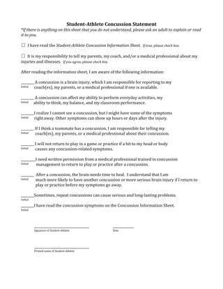 Student-Athlete Concussion Statement
*If there is anything on this sheet that you do not understand, please ask an adult to explain or read
it to you.

☐ I have read the Student-Athlete Concussion Information Sheet. If true, please check box.

☐ It is my responsibility to tell my parents, my coach, and/or a medical professional about my
injuries and illnesses. If you agree, please check box.

After reading the information sheet, I am aware of the following information:

________ A concussion is a brain injury, which I am responsible for reporting to my
Initial coach(es), my parents, or a medical professional if one is available.

________ A concussion can affect my ability to perform everyday activities, my
Initial ability to think, my balance, and my classroom performance.

________I realize I cannot see a concussion, but I might have some of the symptoms
Initial right away. Other symptoms can show up hours or days after the injury.

________ If I think a teammate has a concussion, I am responsible for telling my
Initial  coach(es), my parents, or a medical professional about their concussion.

________ I will not return to play in a game or practice if a hit to my head or body
Initial  causes any concussion-related symptoms.

_________I need written permission from a medical professional trained in concussion
Initial  management to return to play or practice after a concussion.

________ After a concussion, the brain needs time to heal. I understand that I am
Initial  much more likely to have another concussion or more serious brain injury if I return to
         play or practice before my symptoms go away.

________Sometimes, repeat concussions can cause serious and long-lasting problems.
Initial

________I have read the concussion symptoms on the Concussion Information Sheet.
Initial




          __________________________________         _____________
          Signature of Student-Athlete               Date




          __________________________________
          Printed name of Student-Athlete
 