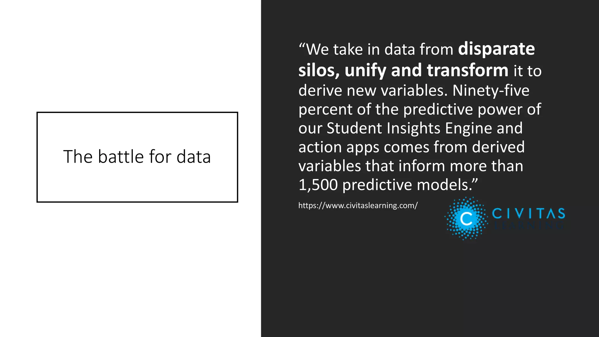 The battle for data
“We take in data from disparate
silos, unify and transform it to
derive new variables. Ninety-five
percent of the predictive power of
our Student Insights Engine and
action apps comes from derived
variables that inform more than
1,500 predictive models.”
https://www.civitaslearning.com/
 