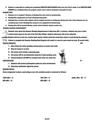 2. Student is responsible for reading and completing CREATIVE BOOK REPORTS before the end of the 9 weeks. If no CREATIVE BOOK
       REPORTS are completed before the progress reports, then it will be calculated in the grade for none.
READING PLUS
   1. Students are to complete 3 Sessions of Reading Plus each week for homelearning.
   2. Reading Plus assignments are worth 2 Homelearning grades.
   3. Although there are times when students will be assigned sessions in reading plus during class time, those instances are not
       considered part of the 3 Reading Plus sessions to be completed for homelearning.
   4. Reading Plus will be checked Monday, unless school schedule requires another day.
SUMMER READING REQUIREMENT
   1. Students were given the Summer Reading Requirements in May-June 2011; however, students may turn in their
       creative book report by the end of the First Nine Weeks. Anytime afterwards will not be collected.
   2. Student will turn in the two creative book reports written about the novels they chose to read during the summer.
   3. Failure to complete the Summer Reading Book Reports will result in a zero for each novel not read. (2 novels total)
ESSAYS/PROJECTS:                                                                                                     35%
       1. Must follow the rubric (grading criteria) given to receive full credit.
       2. Must be turned in on time.
       3. All essays must include a planning page.
       4. All essays will be scored/graded using the 6 point grading scale.
       5. Essays/Projects will NOT be accepted more than one week late.
PARTICIPATION:                                                                                                       5%
       1. Students will receive participation points for class involvement.
       2. Returning notification signed by parent.
GRADING POLICY:
Every assignment is given a percentage score, the academic grade is assessed as follows:


100%-90% = A                                             79%-70% = C                                      Sadly, 59%- 0% = F
89%-80% = B                                              69%-60% = D




                                                                3 of 4
 