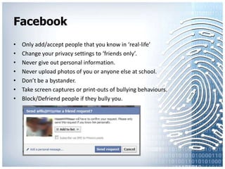 Adults may be out of the loop They aren’t paying attention!Teachers and Parents should:Know what kids are doing on-line.Keep computers in a visible areain the house.Periodically look at files on the computerSearch for their child’s name on-line