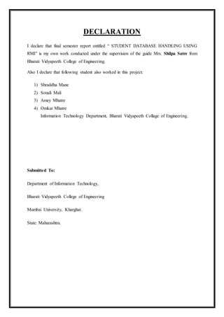 Report on mini project(Student database handling using RMI) | DOCX