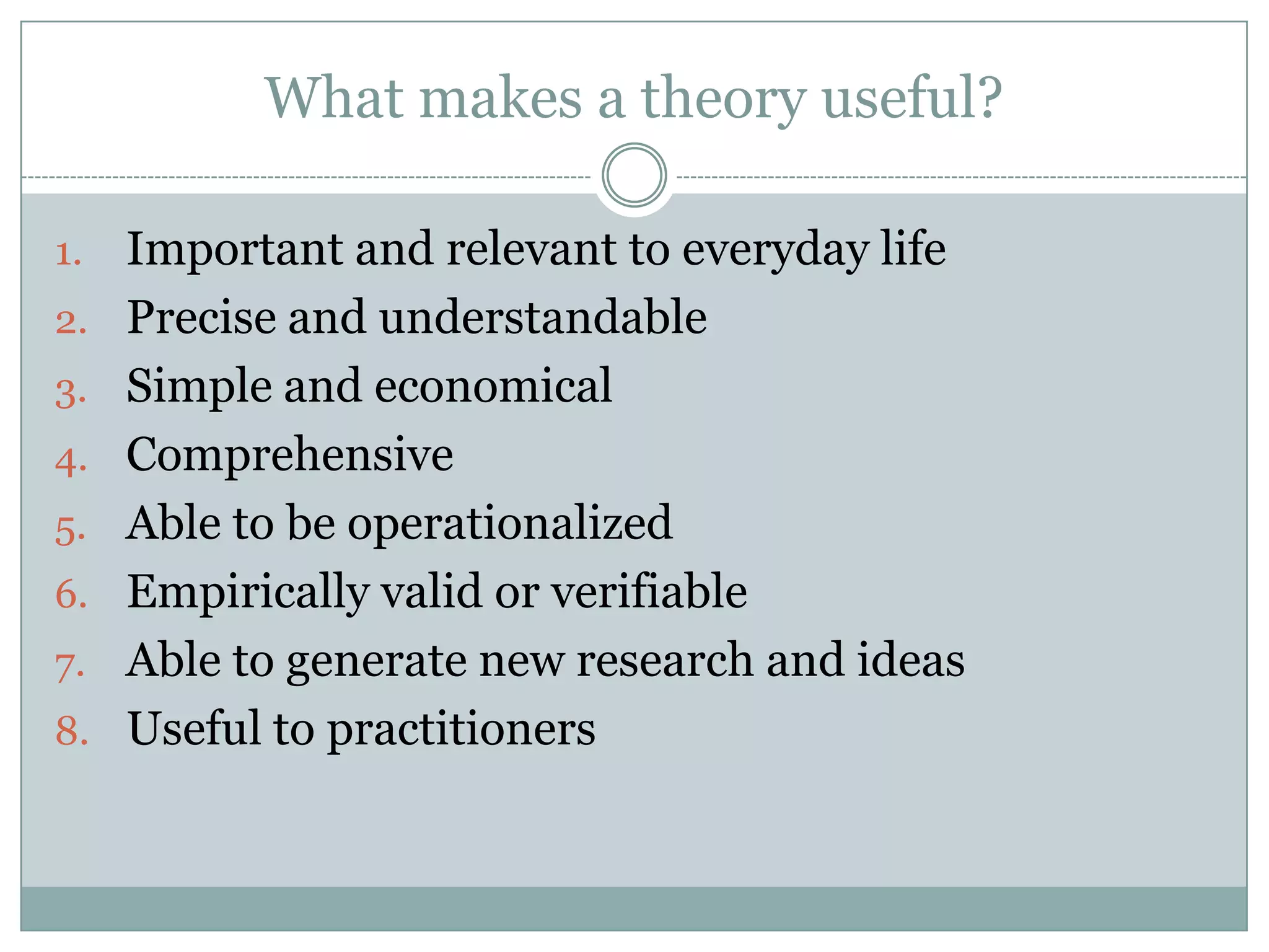 What makes a theory useful?
1. Important and relevant to everyday life
2. Precise and understandable
3. Simple and economical
4. Comprehensive
5. Able to be operationalized
6. Empirically valid or verifiable
7. Able to generate new research and ideas
8. Useful to practitioners
 
