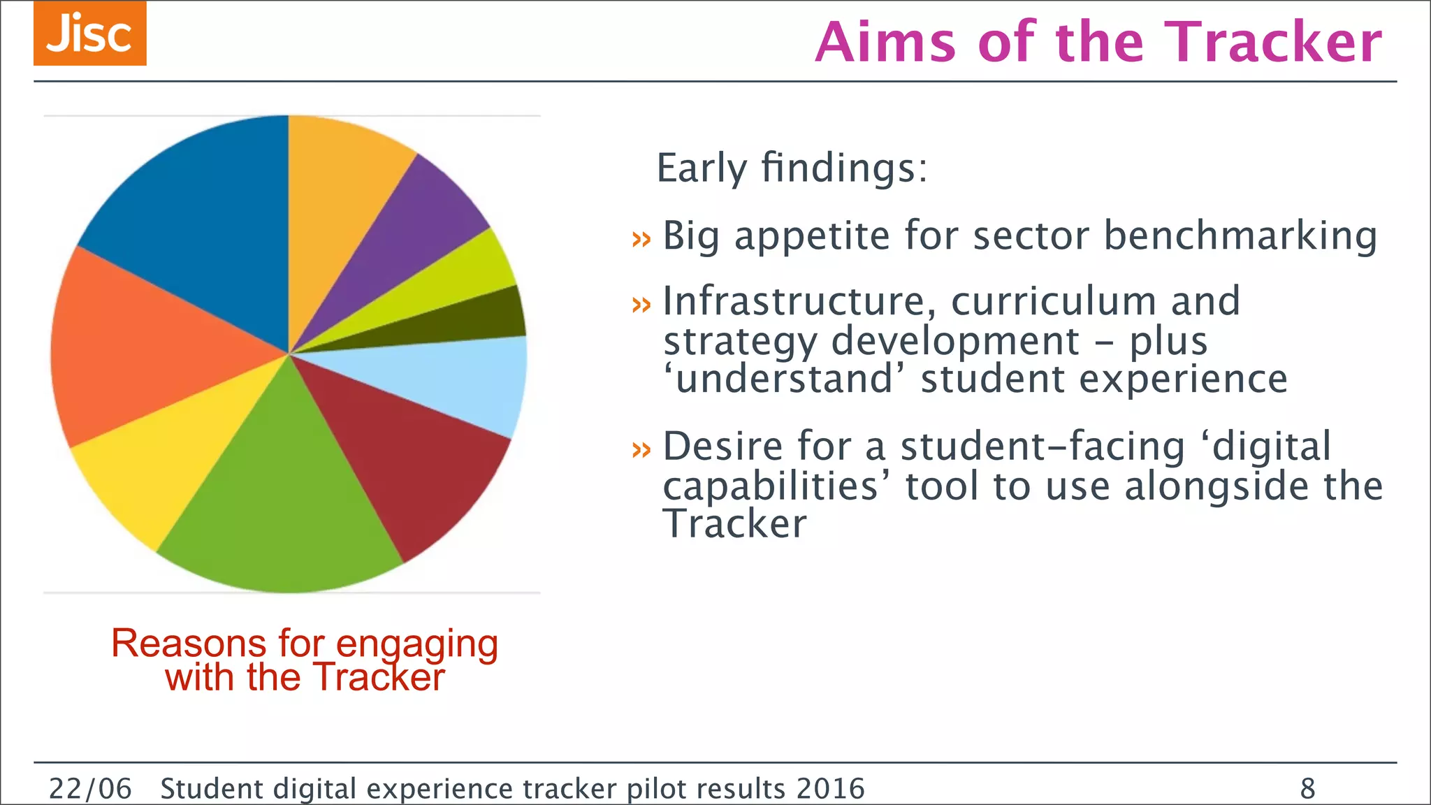 22/0 Student digital experience tracker pilot results 2016
Aims of the Tracker
Early ﬁndings:
»Big appetite for sector benchmarking
»Infrastructure, curriculum and
strategy development - plus
‘understand’ student experience
»Desire for a student-facing ‘digital
capabilities’ tool to use alongside the
Tracker
22/06 Student digital experience tracker pilot results 2016 8
Reasons for engaging
with the Tracker
 