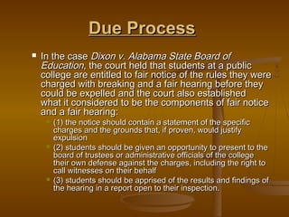 Due Process
   In the case Dixon v. Alabama State Board of
    Education, the court held that students at a public
    college are entitled to fair notice of the rules they were
    charged with breaking and a fair hearing before they
    could be expelled and the court also established
    what it considered to be the components of fair notice
    and a fair hearing:
        (1) the notice should contain a statement of the specific
         charges and the grounds that, if proven, would justify
         expulsion
        (2) students should be given an opportunity to present to the
         board of trustees or administrative officials of the college
         their own defense against the charges, including the right to
         call witnesses on their behalf
        (3) students should be apprised of the results and findings of
         the hearing in a report open to their inspection.
 