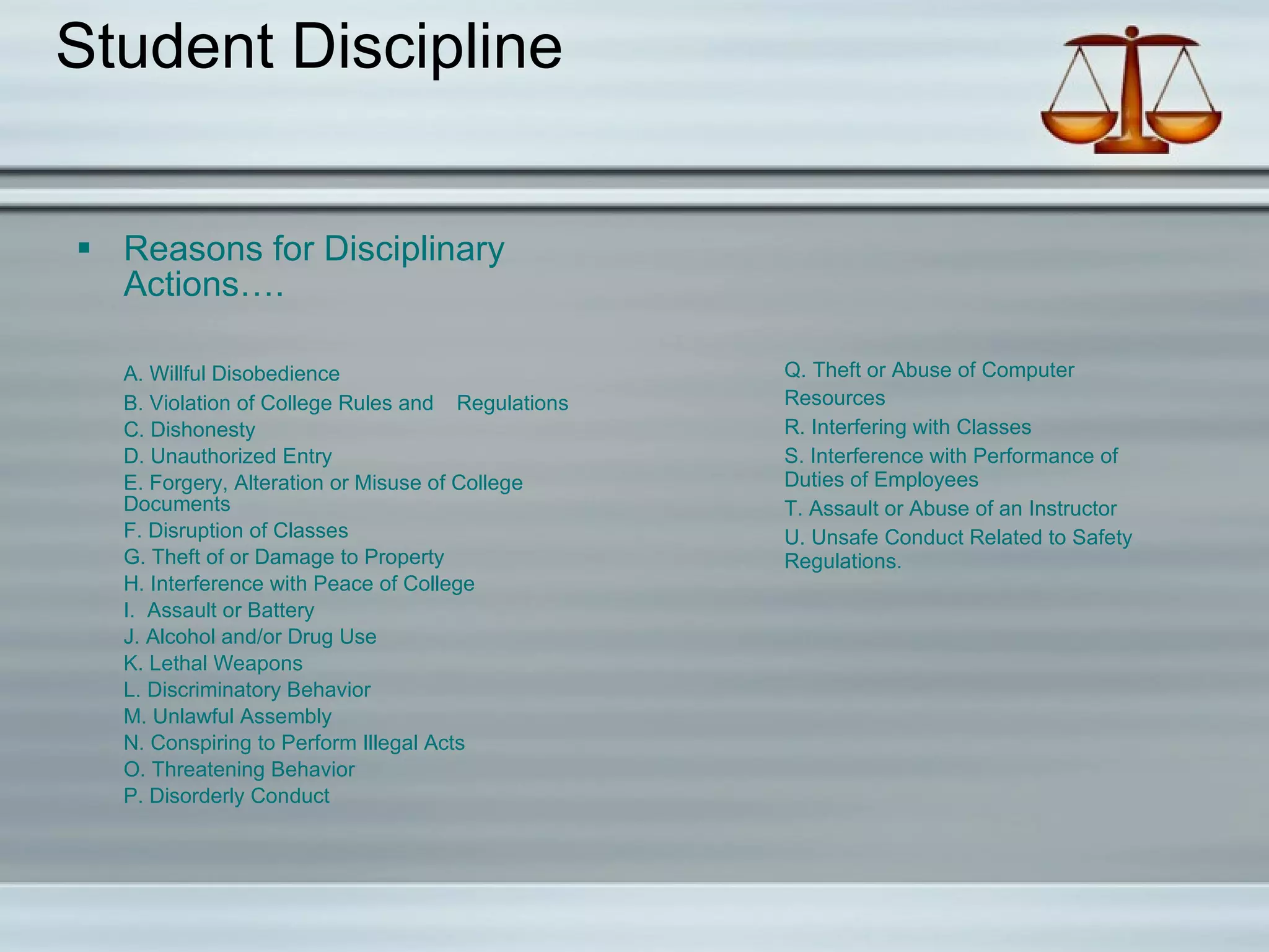 Student Discipline Reasons for Disciplinary Actions…. A. Willful Disobedience B. Violation of College Rules and Regulations C. Dishonesty D. Unauthorized Entry E. Forgery, Alteration or Misuse of College Documents F. Disruption of Classes G. Theft of or Damage to Property H. Interference with Peace of College I. Assault or Battery J. Alcohol and/or Drug Use K. Lethal Weapons L. Discriminatory Behavior M. Unlawful Assembly N. Conspiring to Perform Illegal Acts O. Threatening Behavior P. Disorderly Conduct Q. Theft or Abuse of Computer Resources R. Interfering with Classes S. Interference with Performance of Duties of Employees T. Assault or Abuse of an Instructor U. Unsafe Conduct Related to Safety Regulations.