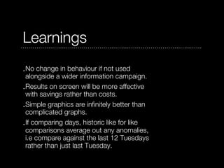 Learnings
-No change in behaviour if not used
 alongside a wider information campaign.
-Results on screen will be more affective
 with savings rather than costs.
-Simple graphics are infinitely better than
 complicated graphs.
-If comparing days, historic like for like
 comparisons average out any anomalies,
 i.e compare against the last 12 Tuesdays
 rather than just last Tuesday.
 